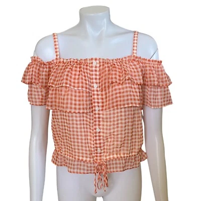 Lauren Conrad XL Naranja y Blanco Cuadros Mangas Hombro Mujer Crop Top Foto 1 de 4