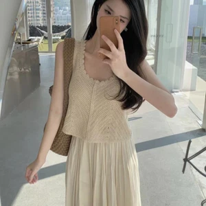 Summer Vintage Hollow Out Knitted Tank Top Women Solid Color Sleeveless Crop _xi - Picture 1 of 13