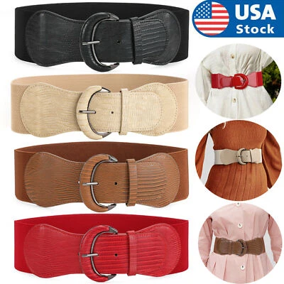 Womens Belt Wide Buckle Elastic Stretch Women Faux Leather Skinny Waist Dress US - Image 1 of 4