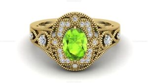 Natural Peridot Diamond Wedding Art Deco Ring 14k Yellow Gold Fine Jewelry