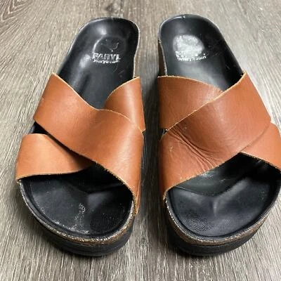 Faryl Robin 女式凉鞋 Clara 一脚蹬拖鞋棕色皮革软木 7 码 — 第 1/4 张图片