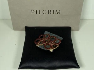 PILGRIM Earrings Gold Tone With Red Enamel Flower - Ex Display - Picture 1 of 3