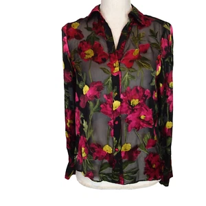 Alice + Olivia Floral Long Sleeve Blouse Top xs viscose silk bl shirt black pink - Picture 1 of 18