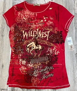NWT WOMENS RED BLUE CANYON SHORT SLEEVE WILD WEST RODEO T-SHIRT MEDIUM - Picture 1 of 7