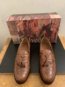 Belvedere Mens Genuine Snakeskin Leather Tasseled Loafer w/ Apron-Toe Tan Sz 10 - Picture 1 of 11