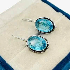 925 Sterling Silber Oval Solitär Schweizer Blautopas Haken Ohrringe Silberschmuck - Bild 1 von 4