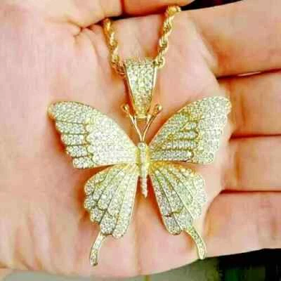 Colgante mariposa diamantes creado en laboratorio de 2,20 quilates enchapado en oro amarillo de 14 quilates cadena gratis Foto 1 de 2