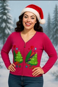 Tiara International Strick Weihnachten Pullover Strickjacke Gr. XL rosa Bäume bestickt - Bild 1 von 13