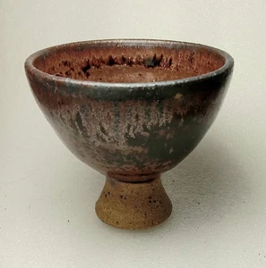 Hand Thrown Stoneware Footed Small Goblet Browns W Blue/Grey Accents 2 5/8" H - Picture 1 of 13