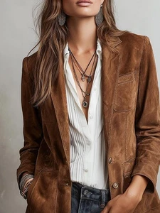 Womens Retro Contrast Stitching Eco-Friendly Suede Jacket | Vintage Brown Blazer - Picture 1 of 6