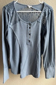 POL Steel Blue Scoop Waffle Lace Henley Long Sleeve Shirt Women’s size Small - Picture 1 of 5