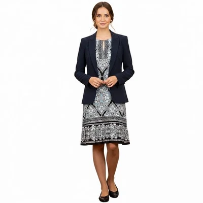 Nuevo con etiquetas Vestido Sandra Darren Sin Mangas Para Mujer L Negro Blanco Azul Modesto Iglesia Foto 1 de 4