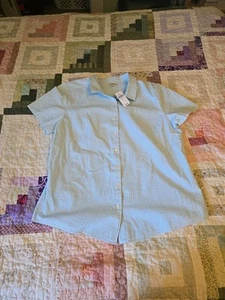 LL Bean XL Essential Searsucker Short Sleeve Button Up Shirt  Aqua NWT - Picture 1 of 6