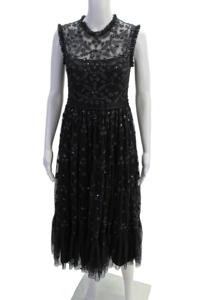 Vestido negro sin mangas con lentejuelas y panel transparente Needle & Thread para mujer talla 6 Foto 1 de 4