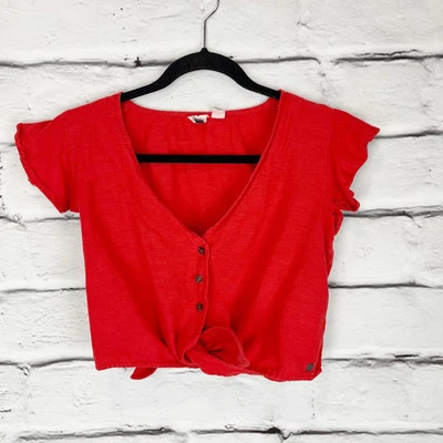 Top corto para mujer Roxy rojo cuello en V botones manga volante M Foto 1 de 4