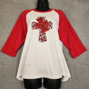Boutique Size Small/Medium Sequin Cross 3/4 Sleeve T-Shirt Red & White Raglan - Picture 1 of 11