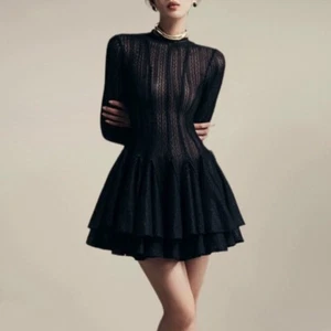 Women Short Floral Lace Dress Long Sleeve Ruffle Sheer Slim Tiered Sexy Elegant - Picture 1 of 9