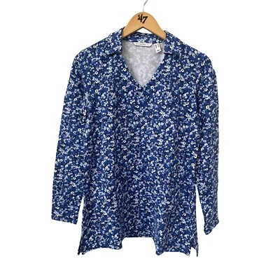 Túnica Isaac Mizrahi Live French Terry cuello en V bolsillos para mujer XS azul floral NUEVO Foto 1 de 4