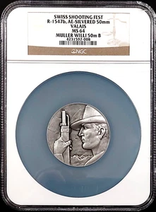 Swiss Shooting Fest Medal, R-1547b, Silvered-AE, 50 mm, Valais, NGC MS 64! - Picture 1 of 7