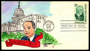 Scott 1235 5 Cents Cordell Hull Fox Hand Painted FDC Add On 1 Of 1 - Picture 1 of 2