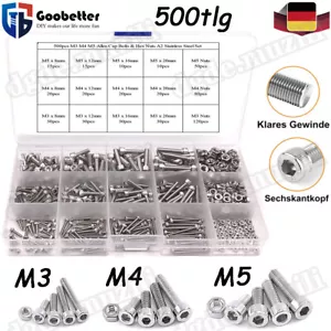 500tlg Zylinderschrauben Muttern Set DIN 912 Innensechskant Edelstahl M3 M4 M5 - Bild 1 von 15