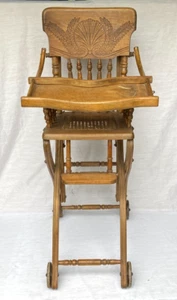 Antique Wooden Oak Cane Convertible Mechanical Baby High Chair & Rocker Vintage - Picture 1 of 6