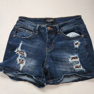 Judy Blue Small Distressed Leopard Patch High Rise Blue Denim Shorts Stretch - Picture 1 of 5