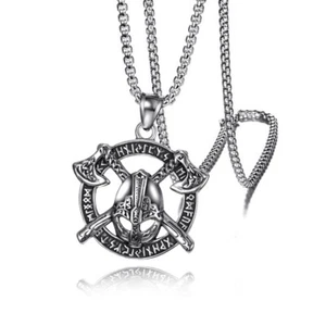 Mens Norse Viking Axe Rune Pendant Necklace Stainless Steel Amulet Chain - Picture 1 of 10
