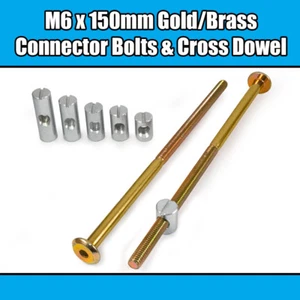 M6 x 150mm Gold Yellow Furniture Connector Bolts Cross Dowel Barrel Nuts Bed Cot - Picture 1 of 1