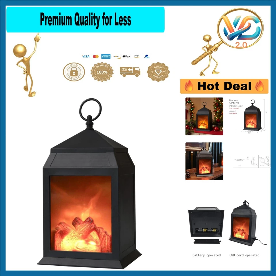 12" H Decorative Black Fireplace Lantern and Battery Operated and 6 Hour Timer