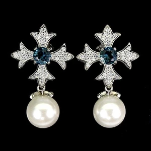 925 Sterling Silver Earrings Round London Blue Topaz 5mm Mop Gemstone Jewelry - Picture 1 of 14