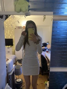 White/cream Pretty Little Thing Dress Long Sleve Holes Cut In Side Size 4 - Picture 1 of 4