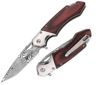 MTech Assisted Linerlock Folding Knife 3.5" Stainless Steel Blade Wood Handle - Image 1 of 3