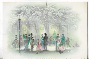 Vintage Weihnachtsgrußkarte 7,25x5 Personen in der Stadt vor Spielzeugladen Glitzer - Bild 1 von 3