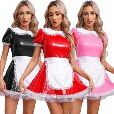 Womens Sexy PVC Leather French Maid Cosplay Dress with Apron Sexy Club Costumes - Image 1 of 4