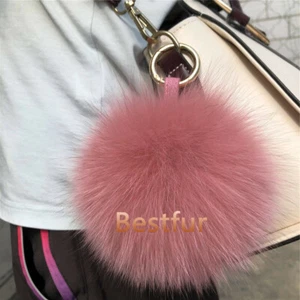 13cm5"-Staubrosa echtes Fuchspelz Ballbommel Taschenanhänger Schlüsselanhänger Handytasche Anhänger - Bild 1 von 2