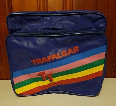 Vintage 80s TRAFALGAR TOURS Nylon Rainbow Messenger, Travel, Carry On Blue Bag - Image 1 of 4