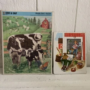 Vintage Rainbow Works/ Playskool Flat Cardboard Tray Puzzles Cows Farm Farmer - Picture 1 of 7