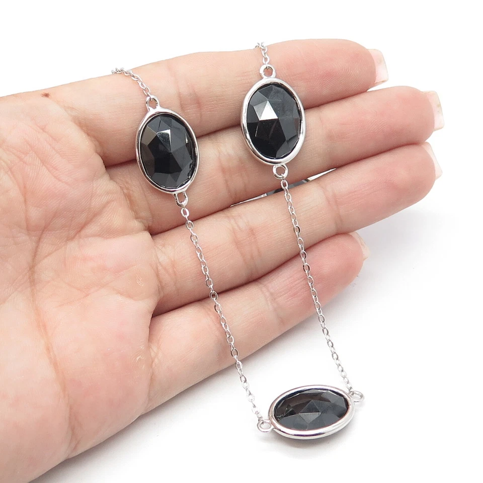925 Sterling Silver Real Oval-Cut Black Spinel Flat Cable Chain Necklace 20" Foto 1 de 4