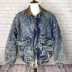 VTG Hill & Archer Trucker Jacket Acid Wash Denim Leather Collar Mens Small Zip - Picture 1 of 12