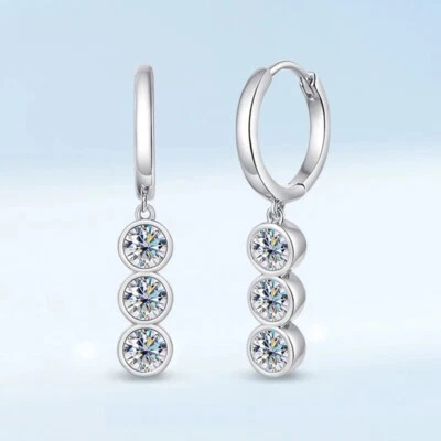 D VVS1 3mm Real Round Moissanite Drop Dangle Earrings 925 Sterling Silver GRA - Image 1 of 4