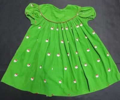 Girls Size 4 Green Corduroy Bishop Dress w/ Embroidered Santas Amanda Remembered - Image 1 of 4