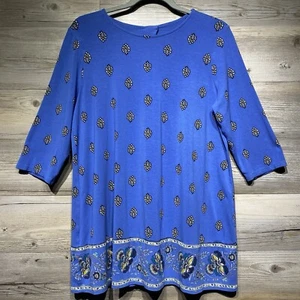 J Jill Wearever Tunic Top 3/4 Sleeve Blue Floral Stretchy Size MED Pleat Keyhole - Picture 1 of 9