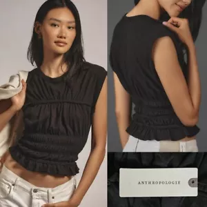 Anthropologie The Leah Gathered Tee by Pilcro Black Size Small NWT - Picture 1 of 7