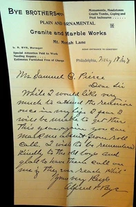 Bye Brothers Letterhead Granite & Marble Works Philadelphia May 18 1898 - Picture 1 of 1