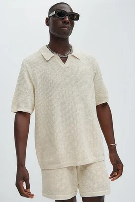 Fashion Nova Clay Textured Johnny Collar Shirt Cream 2XL 100% Cotton - Cream - Image 1 of 4