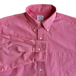 Brooks Brothers Button Up Shirt Mens 16.5-3 100% Cotton Pink Grid Check Pattern - Picture 1 of 11