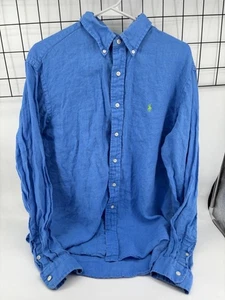Ralph Lauren Mens Classic Fit Blue Linen Button-Down Shirt With Green Logo Embro - Picture 1 of 6