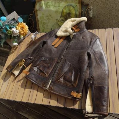 Мужская классическая кожаная куртка-бомбер ручной работы из воловьей кожи и овечьей шерсти - Изображение 1 из 4