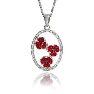 Equilibrium rot Mohn Trio Anhänger hübsch oval silber funkelnde Halskette - Bild 1 von 4